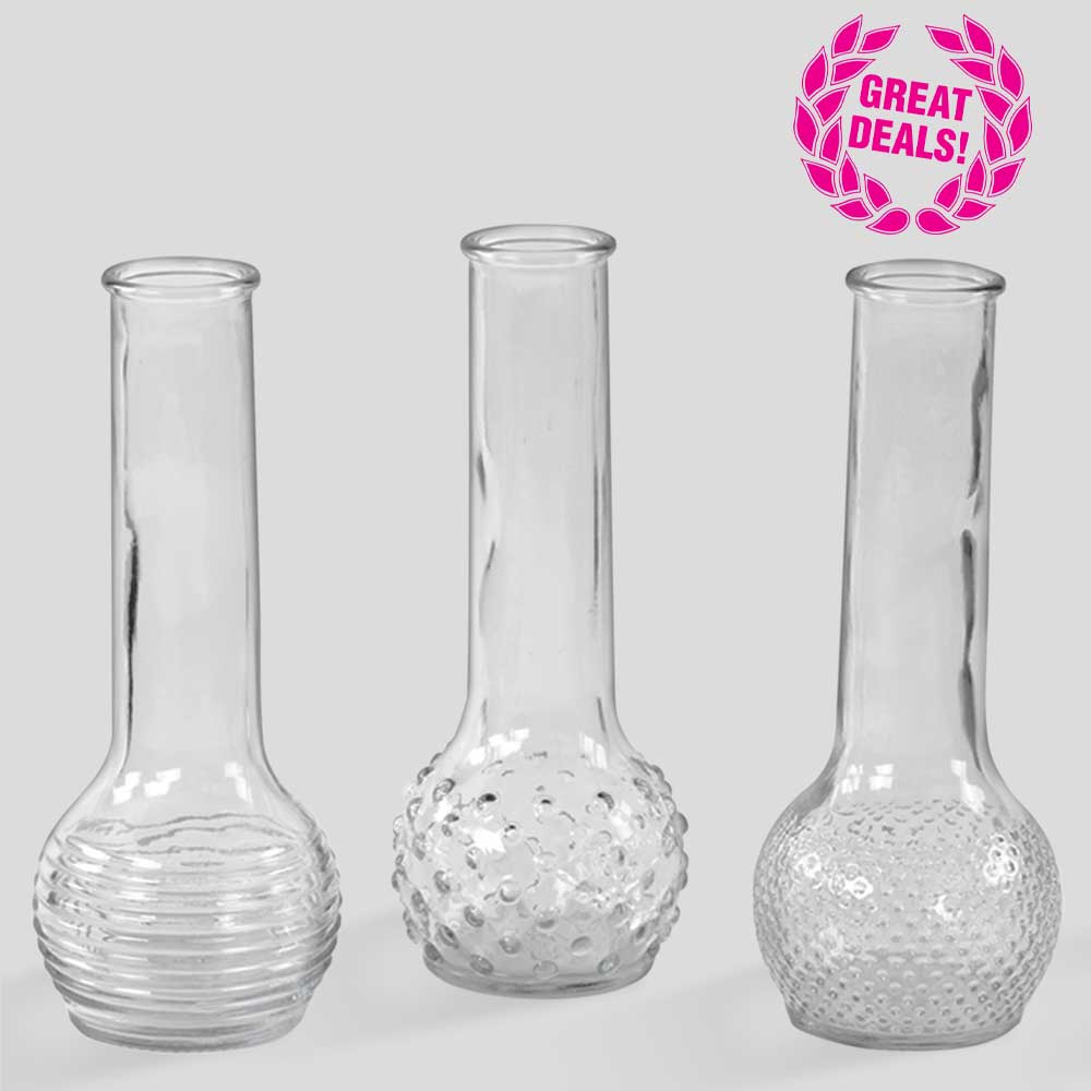 GLASS 9" X 1.5" BUD VASE ASSORTMENT