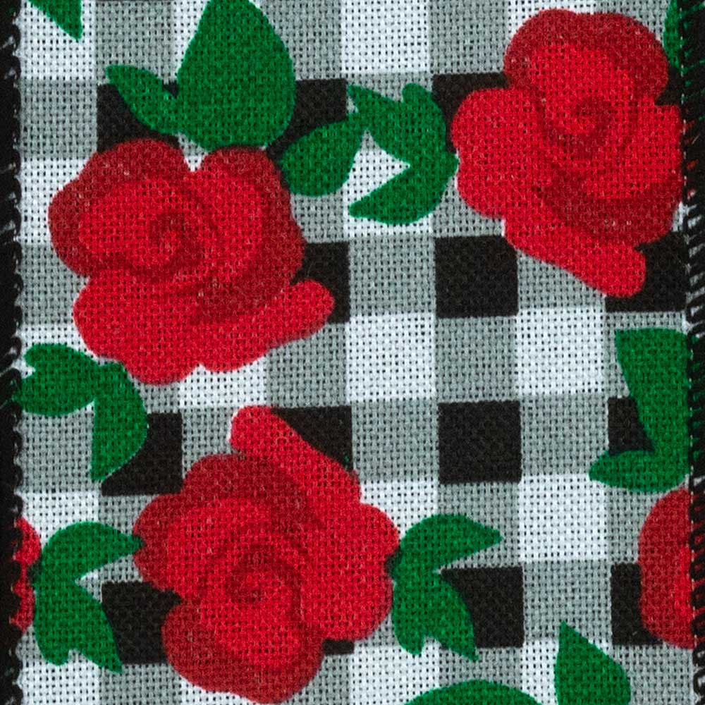 1 3/8" WIRED GINGHAM ROSES,BLACK