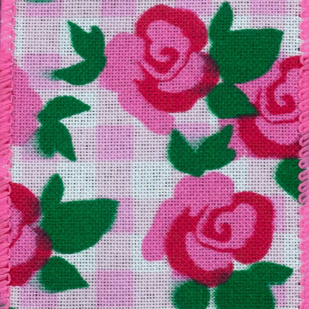1 3/8" WIRED GINGHAM ROSES,PINK